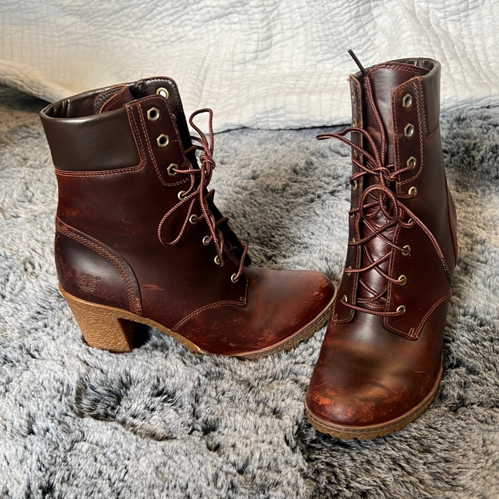 Timberland maroon leather high healed boots, size 7 1/2